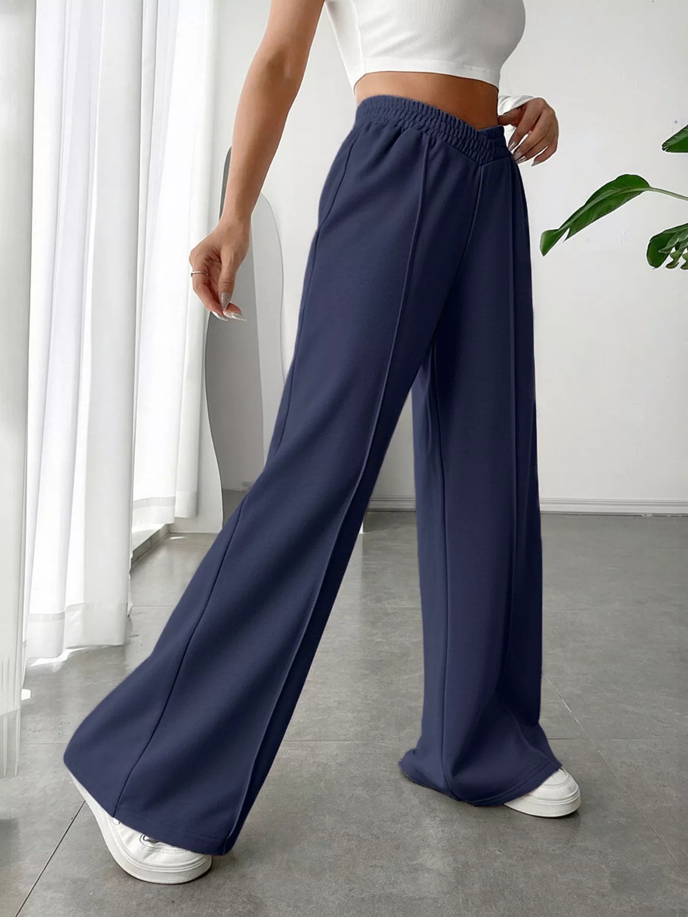 Wide Leg High Waist Pants in navy blue, showcasing elegant everyday style with basic design and comfortable fit.