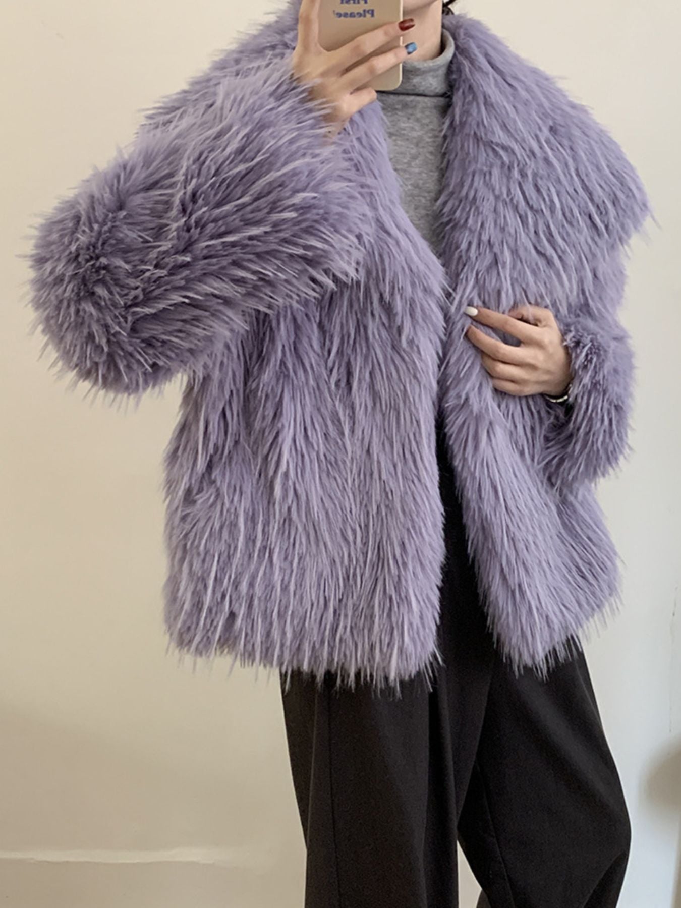 Faux Fur Open Front Outerwear in purple, featuring a cozy and elegant thick design, perfect winter layer.