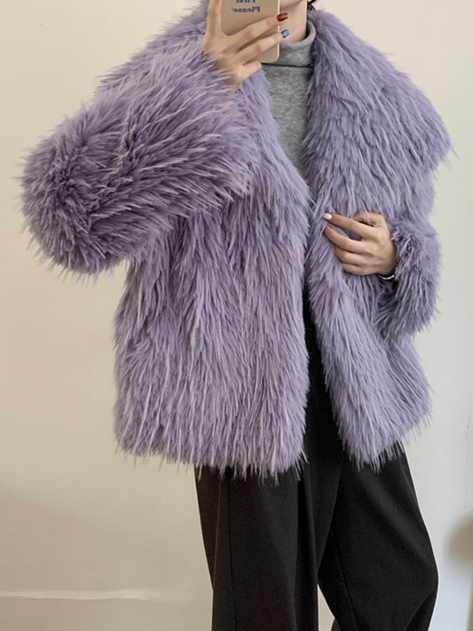 Faux Fur Open Front Outerwear in purple, featuring a cozy and elegant thick design, perfect winter layer.