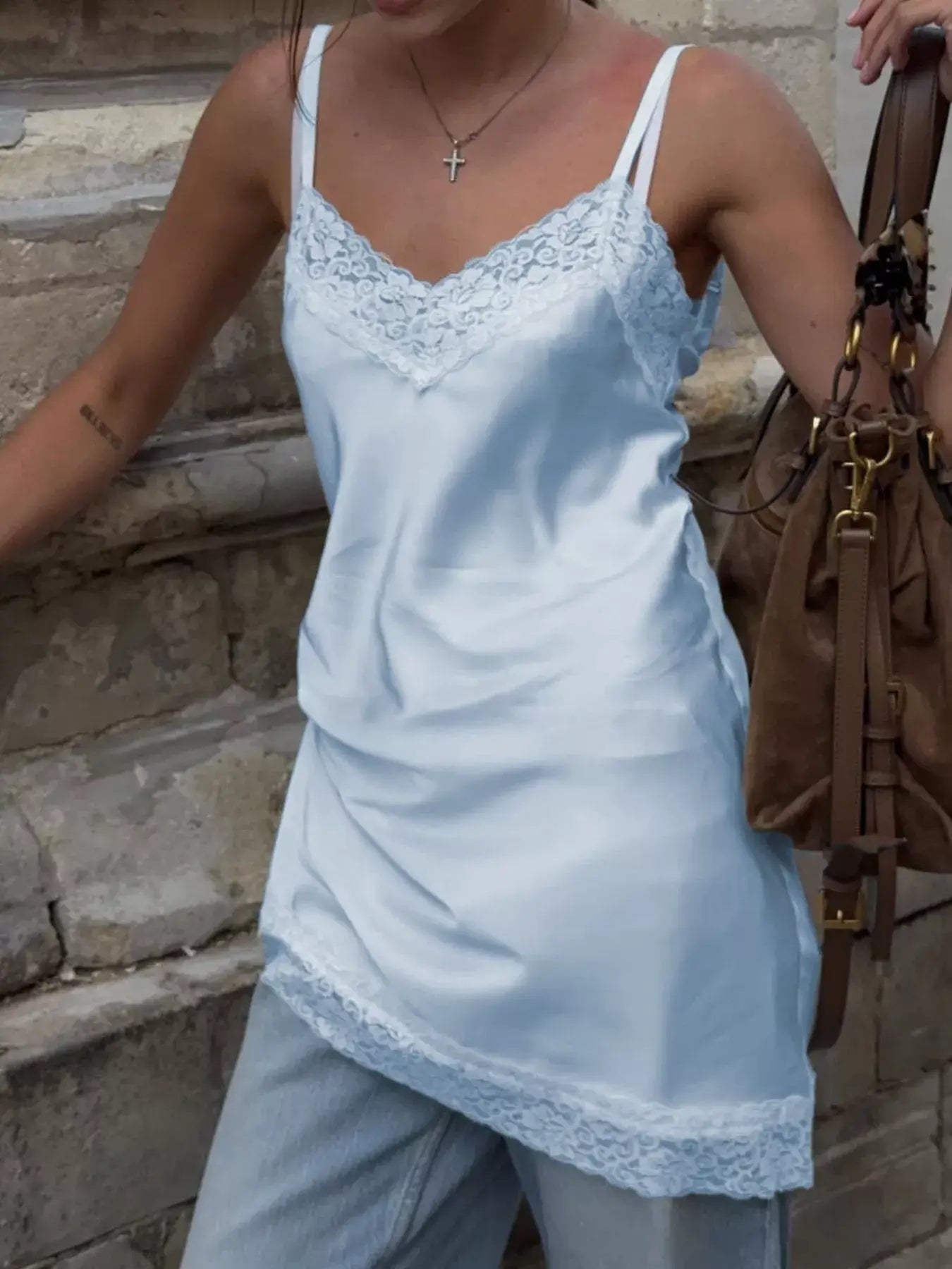 Lace Detail V-Neck Cami in soft blue, featuring delicate lace trim, perfect for layering or wearing solo.