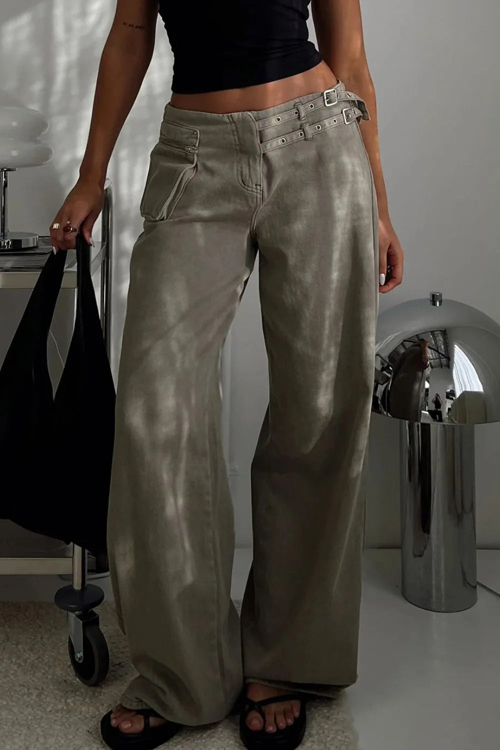 Wide Leg Jeans with Pockets showcased on a model, highlighting their comfortable fit and stylish design.