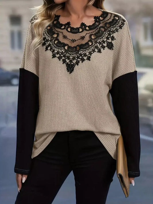 Lace detail color block long sleeve t-shirt featuring an elegant black lace neckline and stylish design.