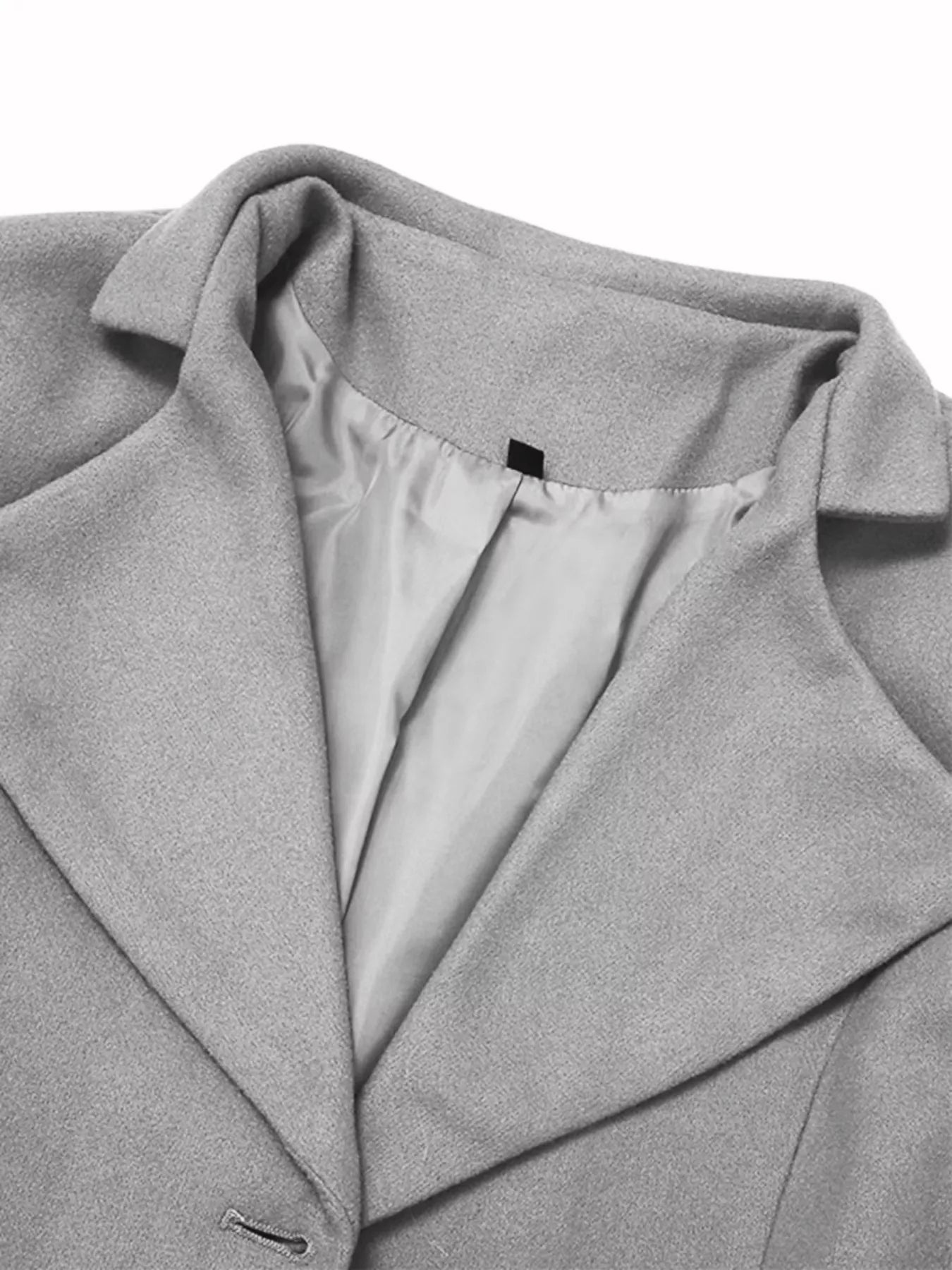 Full Size Single Breasted Long Sleeve Overcoat collar detail in gray fabric showing interior lining.