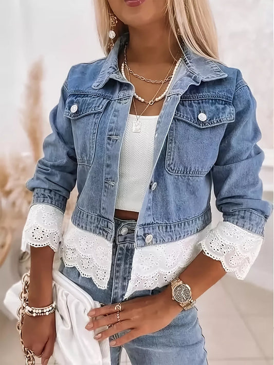 Cropped Denim Jacket with Lace Trim showcased in a chic outfit, featuring lace details and a stylish buttoned design.
