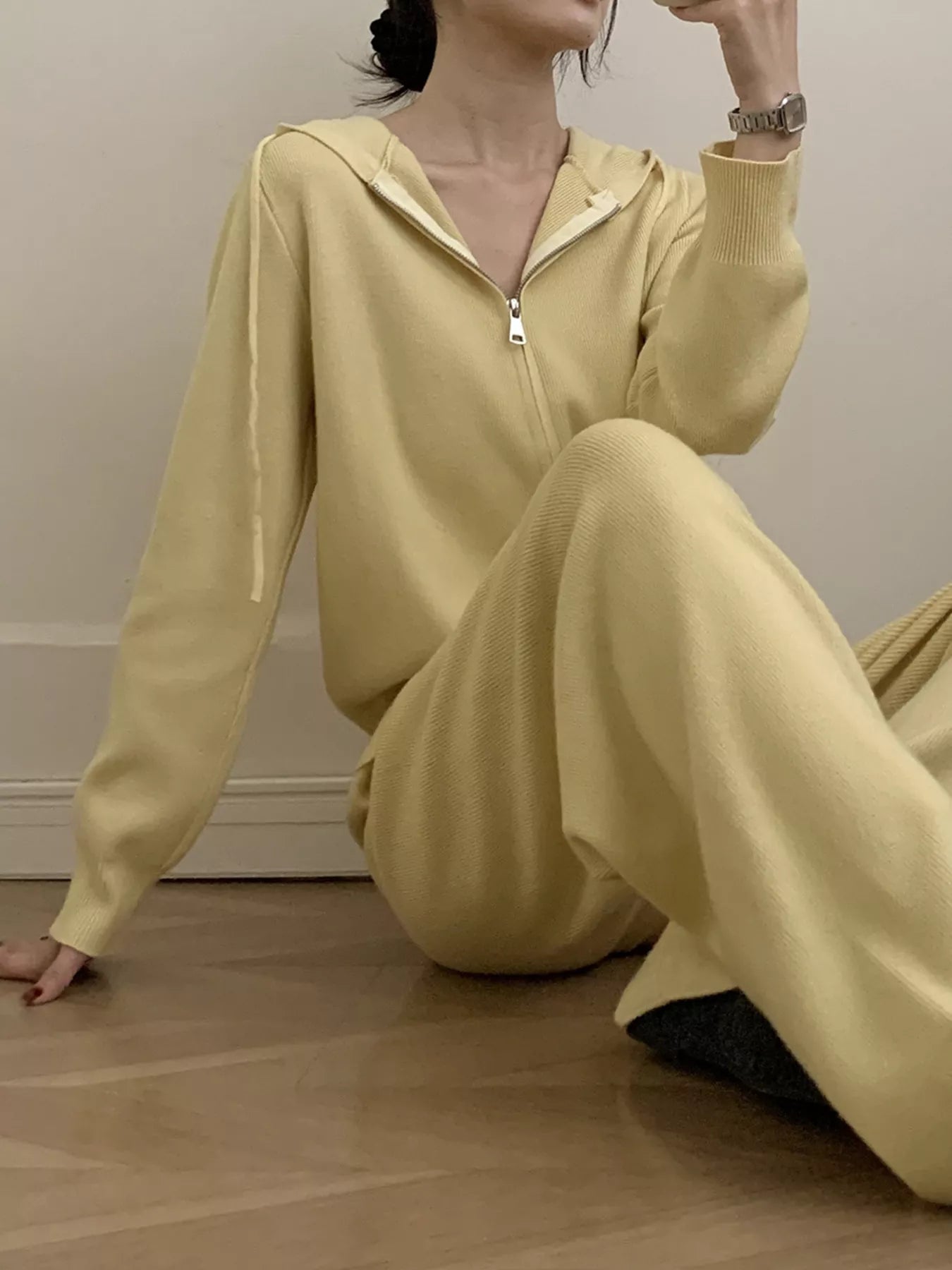Zip Up Cardigan and Wide Leg Pants Knit Set featuring a yellow zip-up cardigan and wide-leg pants.