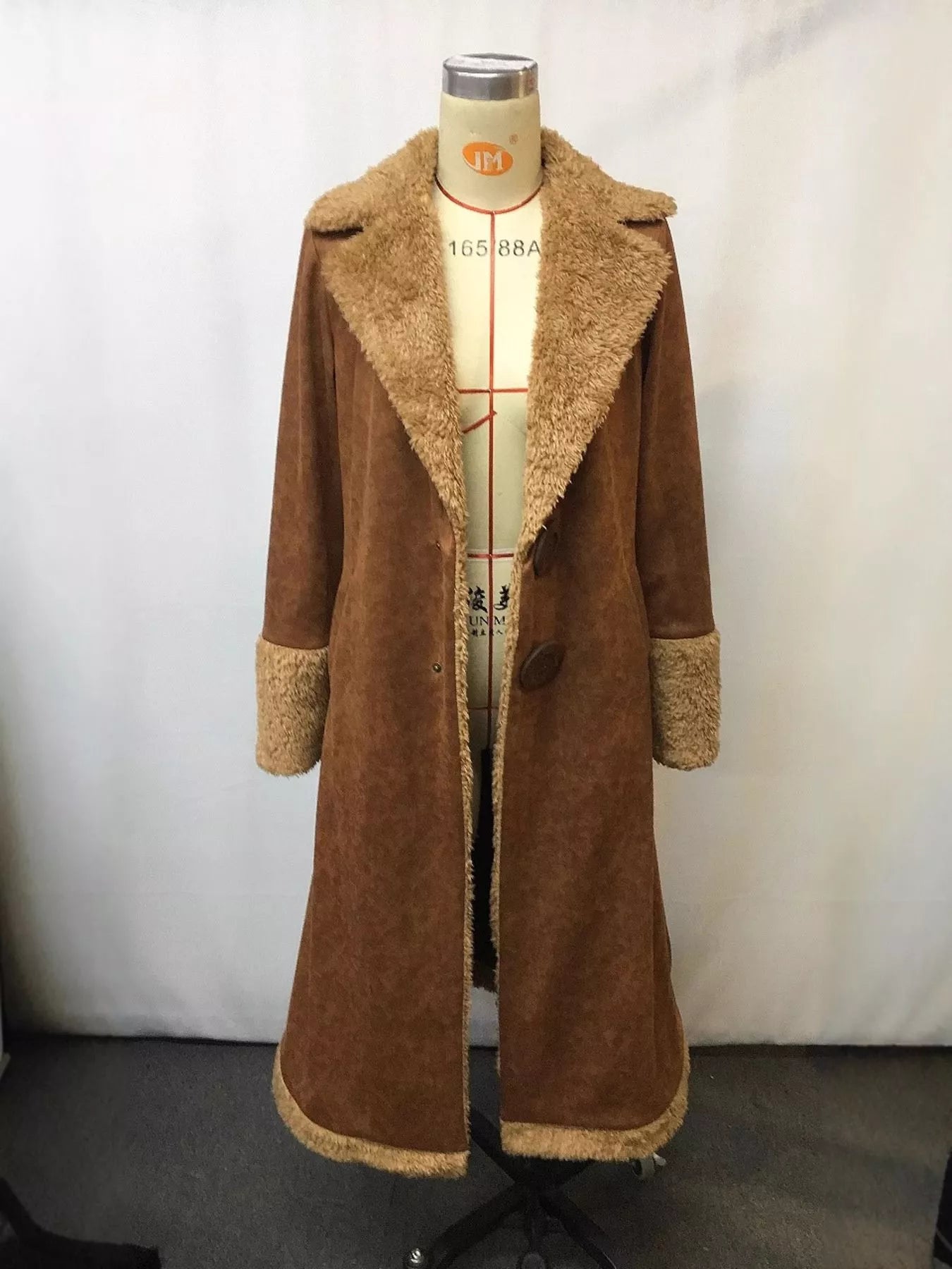 Full Size Vintage Faux Fur Trim Longline Coat displayed on a mannequin showcasing its elegant design and beautiful trim.