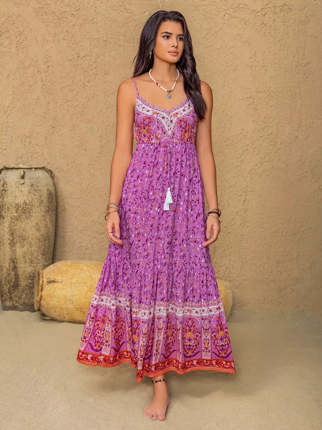 Tassel Floral Print Cami Dress for Summer Boho Style on model showcasing vibrant purple floral pattern.