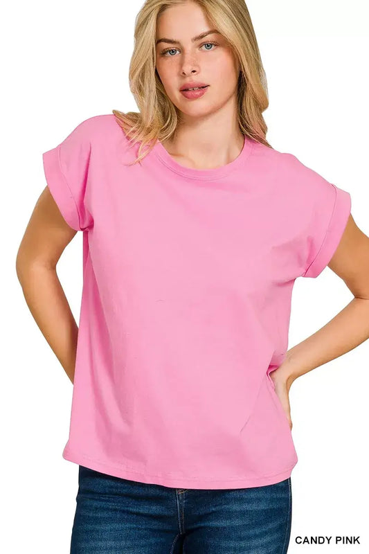 Zenana Round Neck Folded Short Sleeve T-Shirt in Candy Pink worn by a model, showcasing casual style and modern design.