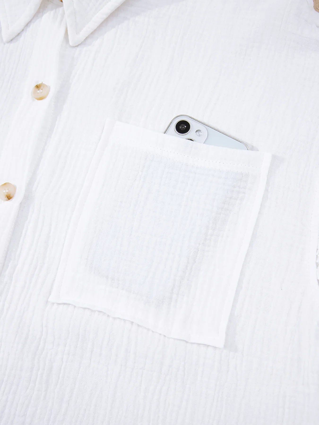 Lace Sleeve Button Down Shirt featuring a pocket with a smartphone, ideal for elegant everyday style.