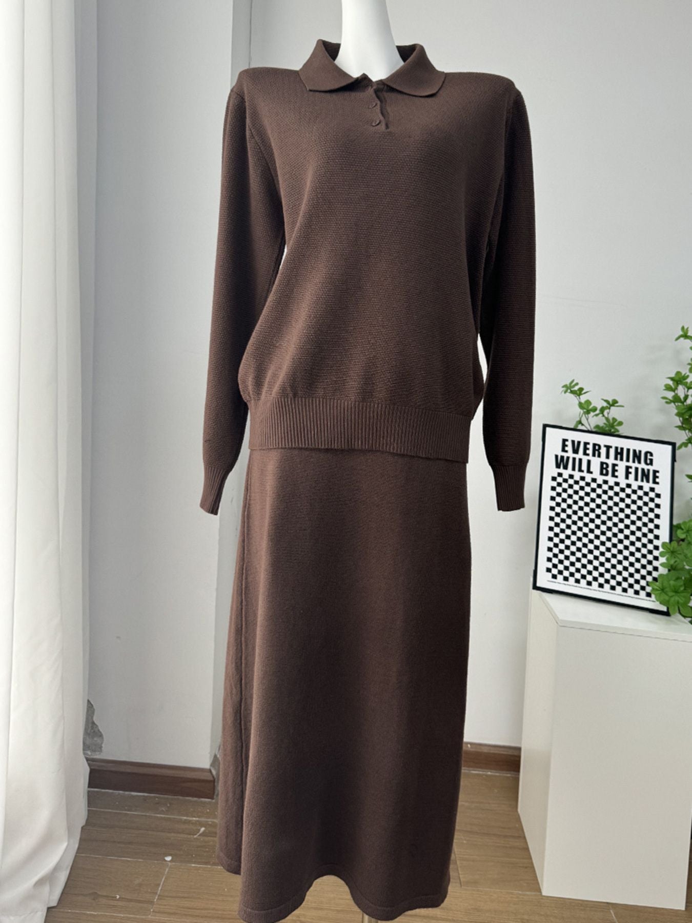 Polo Collar Knit Two Piece Set in a rich brown color featuring a buttoned top and skirt design.