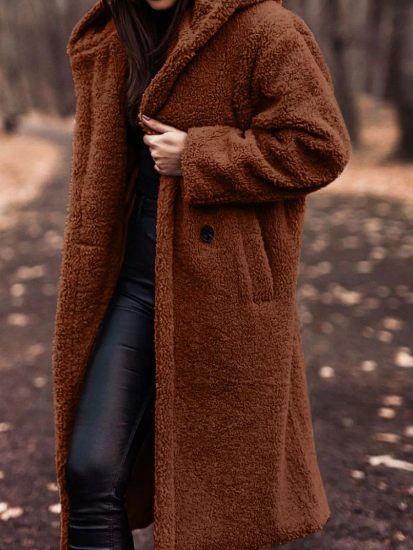 Cozy Teddy Bear Hooded Longline Outerwear in brown, featuring buttons and pockets, perfect for everyday style.