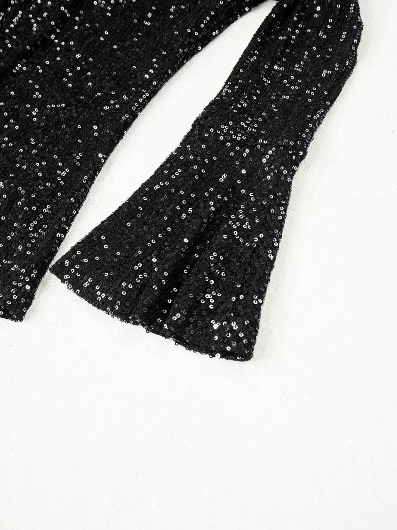 Sequin Mock Neck Drape Open Back Bell Sleeve Top showcasing elegant bell sleeves with shimmering sequins.