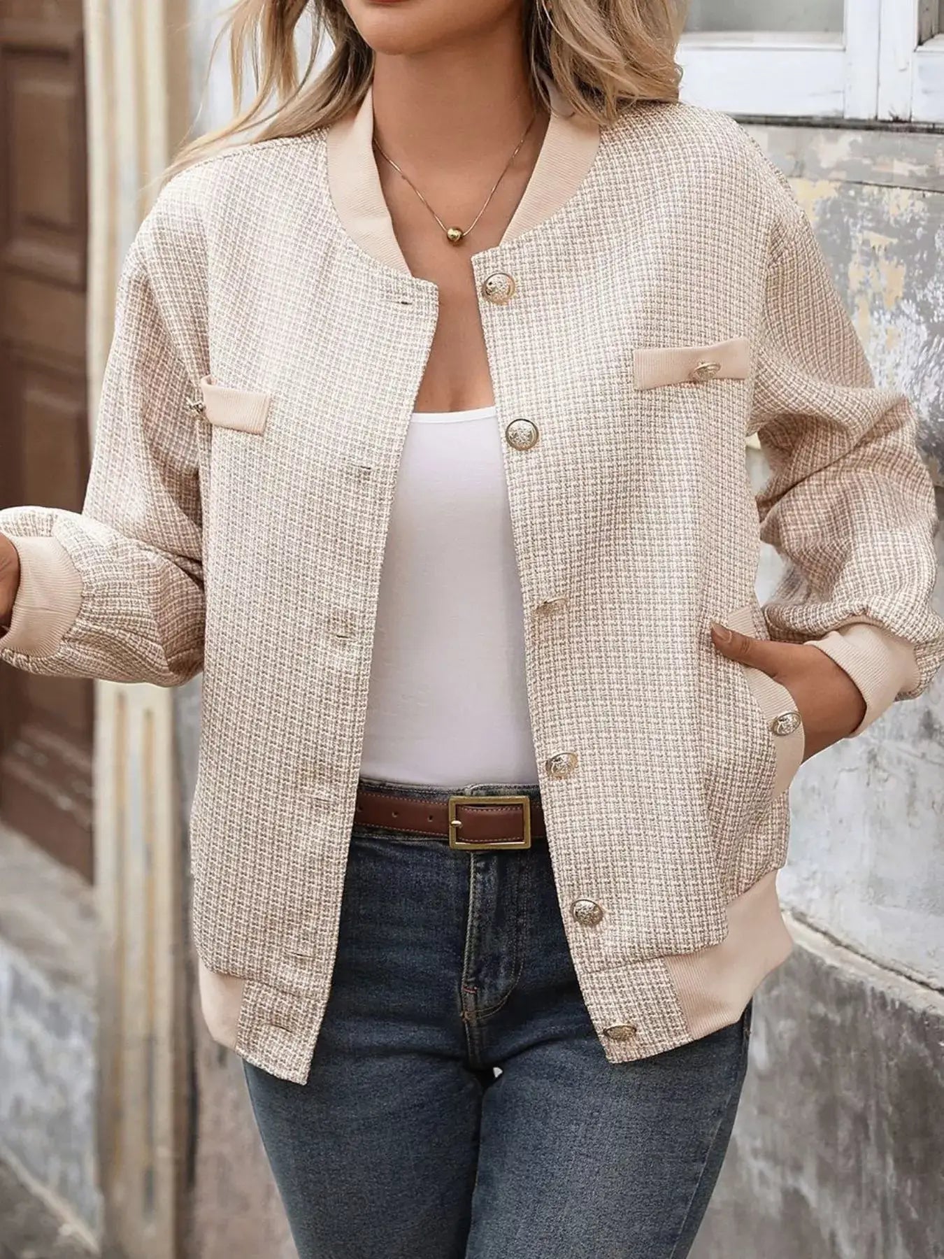 Button Up Long Sleeve Jacket with Pockets for Women, stylish and functional outerwear in beige.