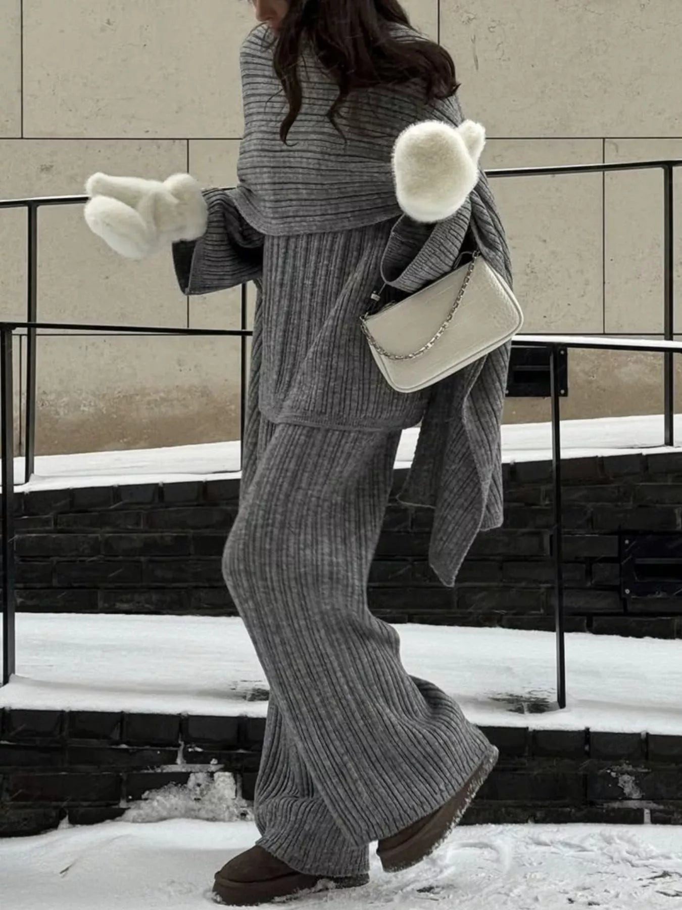Model wearing a 3 Piece Ribbed Sweater and Wide Leg Pants Set with Scarf, showcasing a stylish winter look.