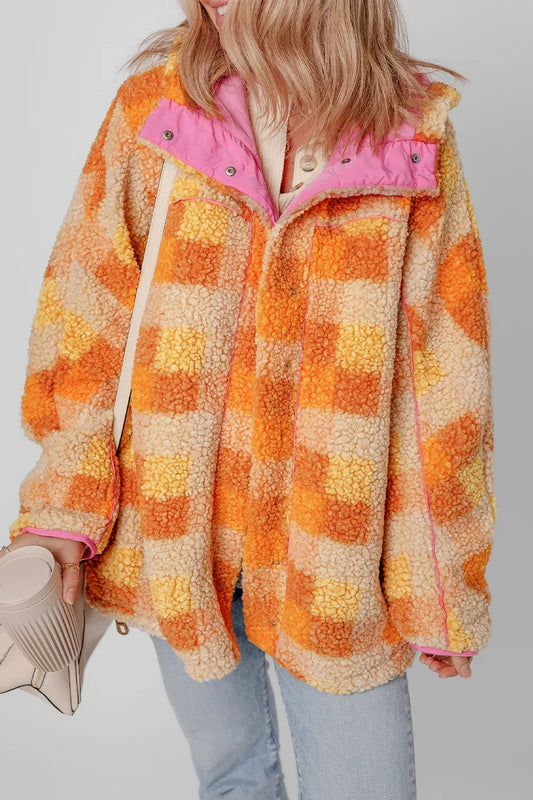 Checkered Long Sleeve Sherpa Hooded Jacket for cozy everyday wear with colorful check pattern and pink accents.