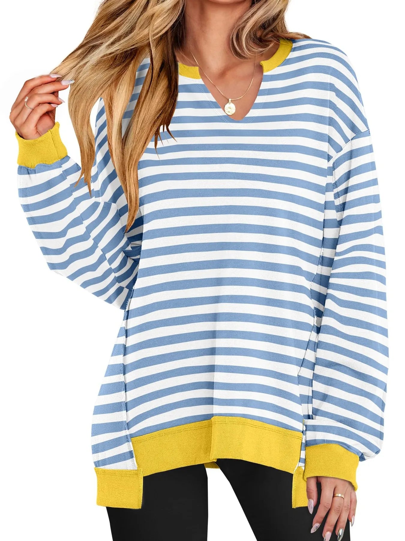 Notched Long Sleeve Oversized Sweatshirt in blue and white stripes with yellow accents for casual wear.