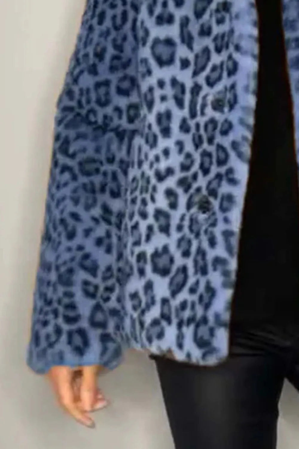 Full Size Leopard Furry Collared Neck Long Sleeve Coat, showing blue leopard print with button detail.