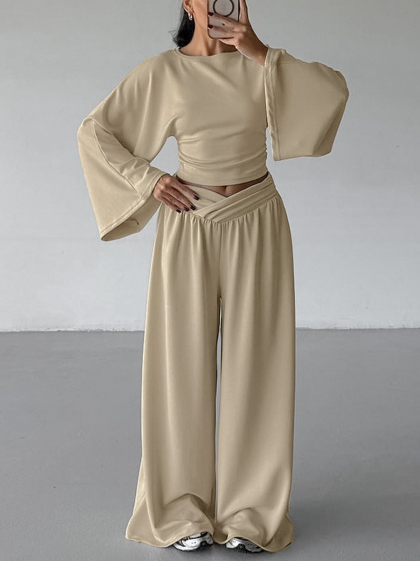 Round Neck Top and Wide Leg Pants Set – Chic Two Piece Outfit in beige, featuring wide sleeves and high-waisted pants.
