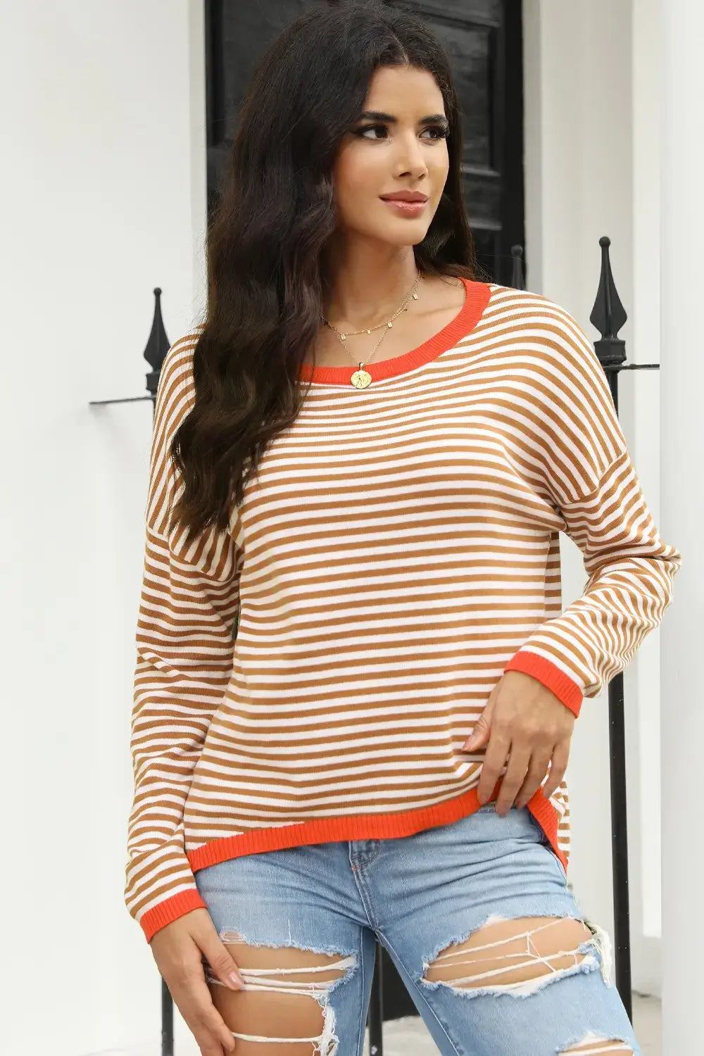 Striped Round Neck Drop Shoulder T-Shirt on a model, featuring classic stripes and relaxed fit.