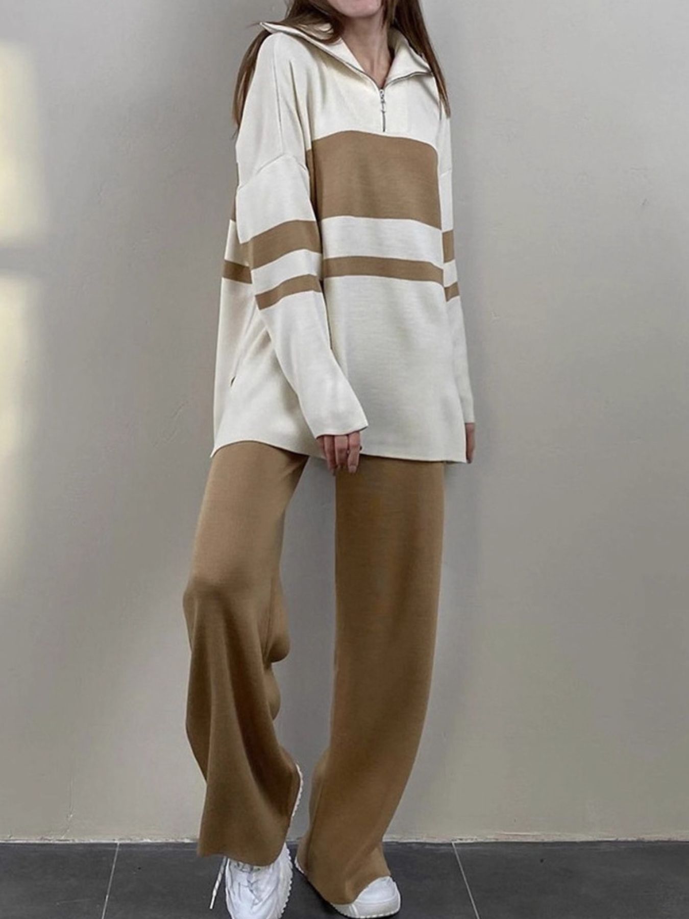 Long Sleeve Top and Pants Sweater Set Cozy Women’s Lounge Outfit in beige and cream with hood and stripes.