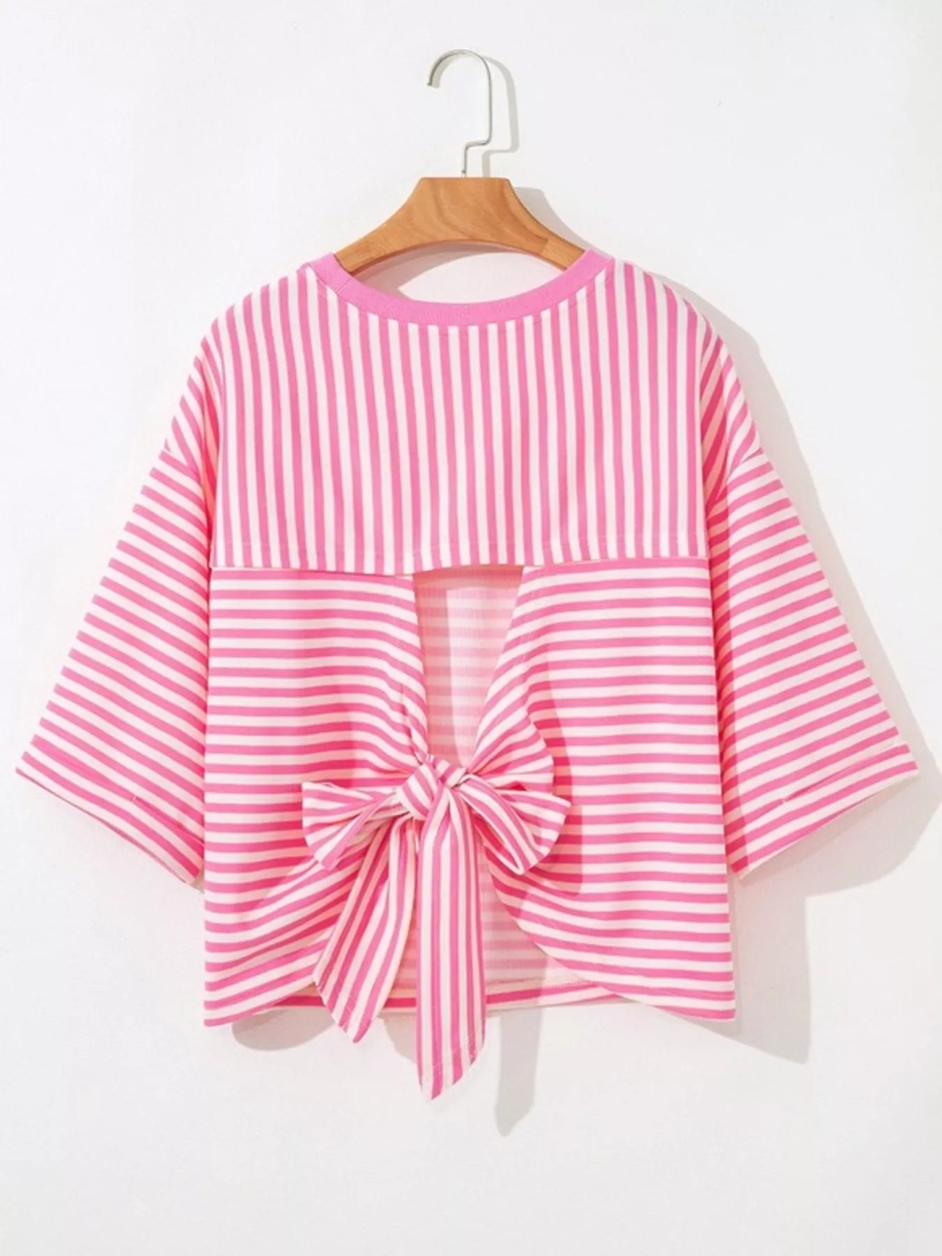 Striped Back Bow Tie T-Shirt in pink and white with oversized fit and bow details