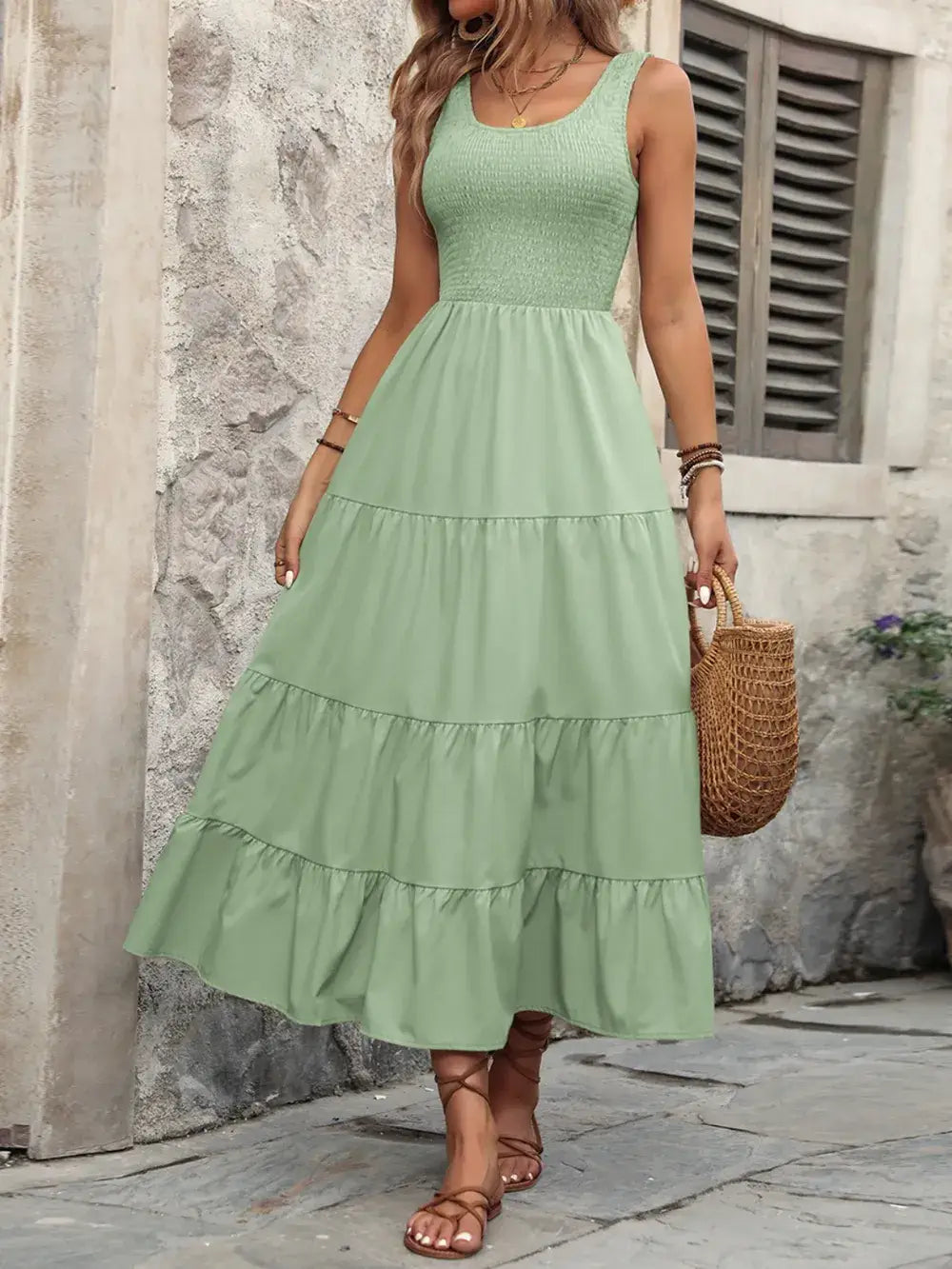 Ivy Lane Smocked Scoop Neck Sleeveless Tank Dress in green, featuring a tiered skirt and a relaxed fit.