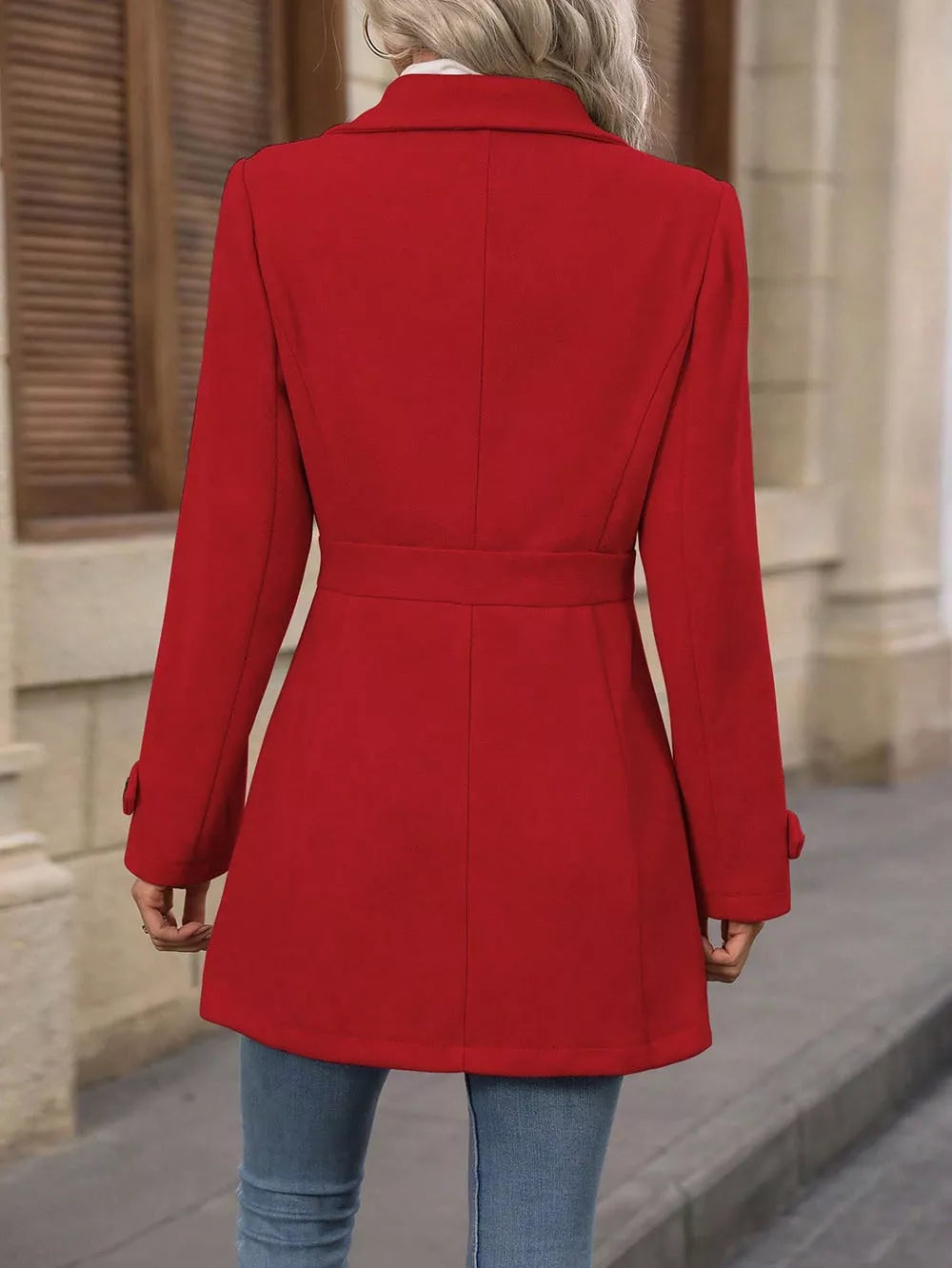 Back view of a red Collared Neck Button Up Coat, showcasing its stylish design and comfortable fit.