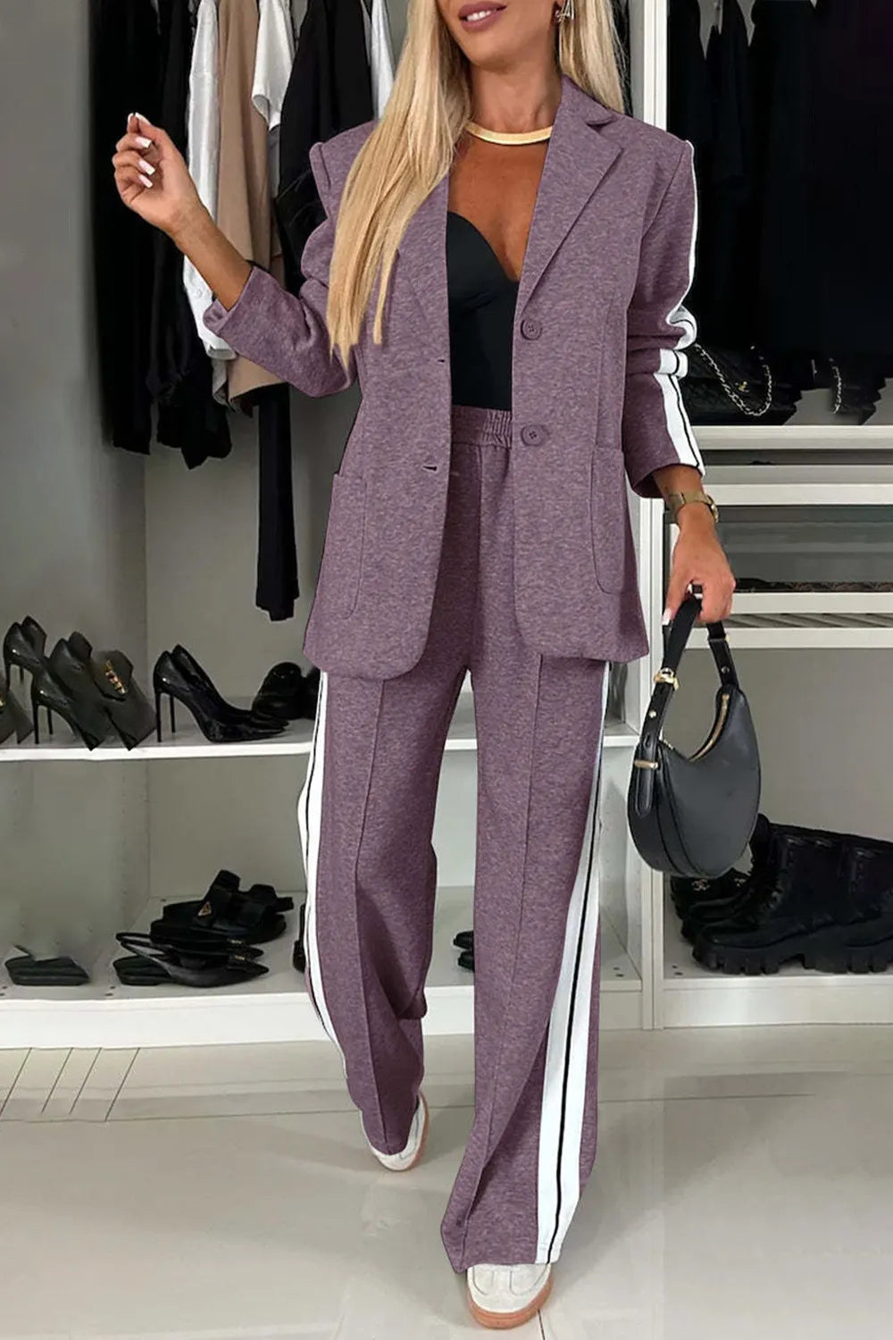 Full Size Contrast Lapel Collar Top and Pants Set in purple with white stripes, styled for everyday fashion.