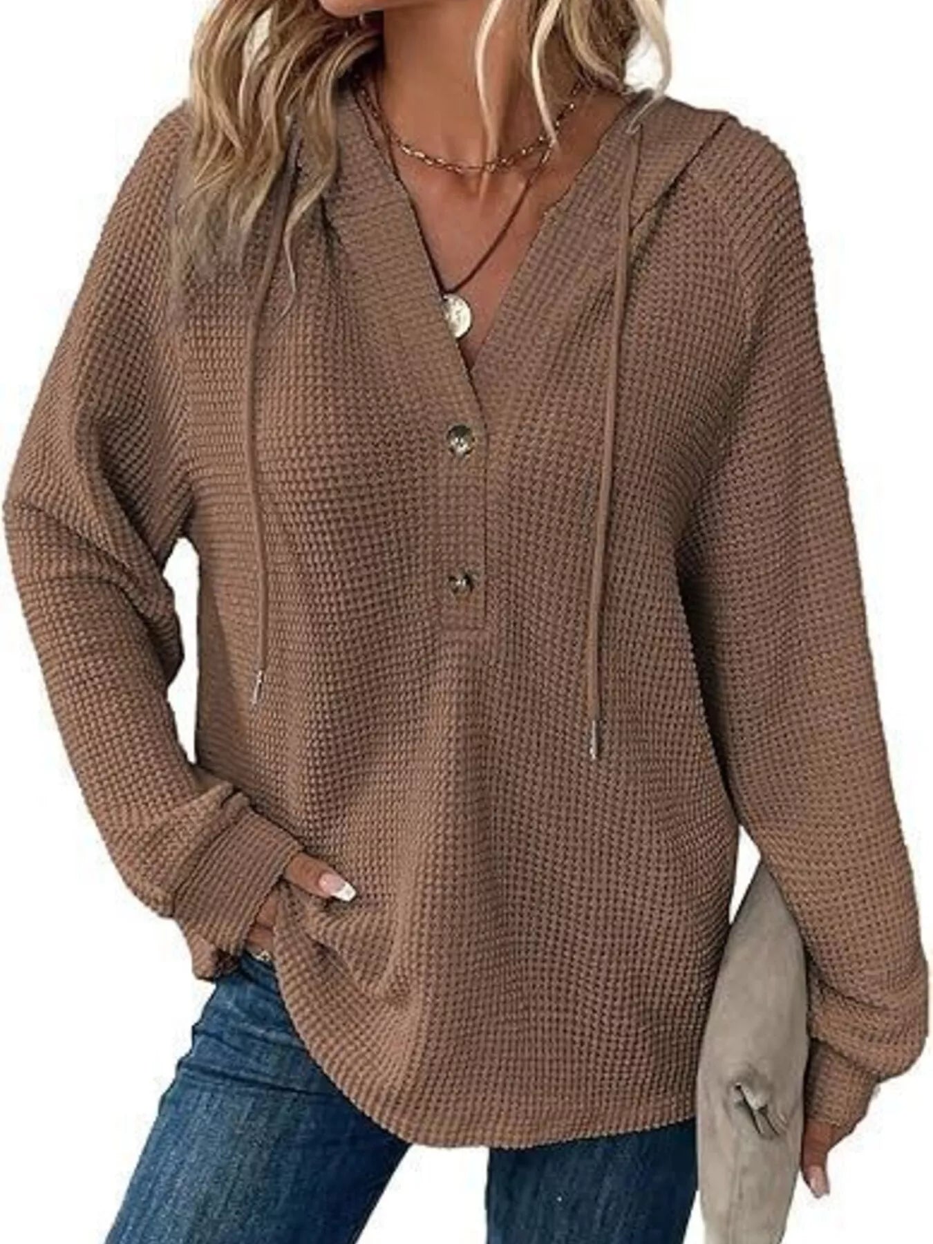Full Size Button Detail Waffle Knit Hoodie Plus Size in brown, featuring button detail and hood for comfort.