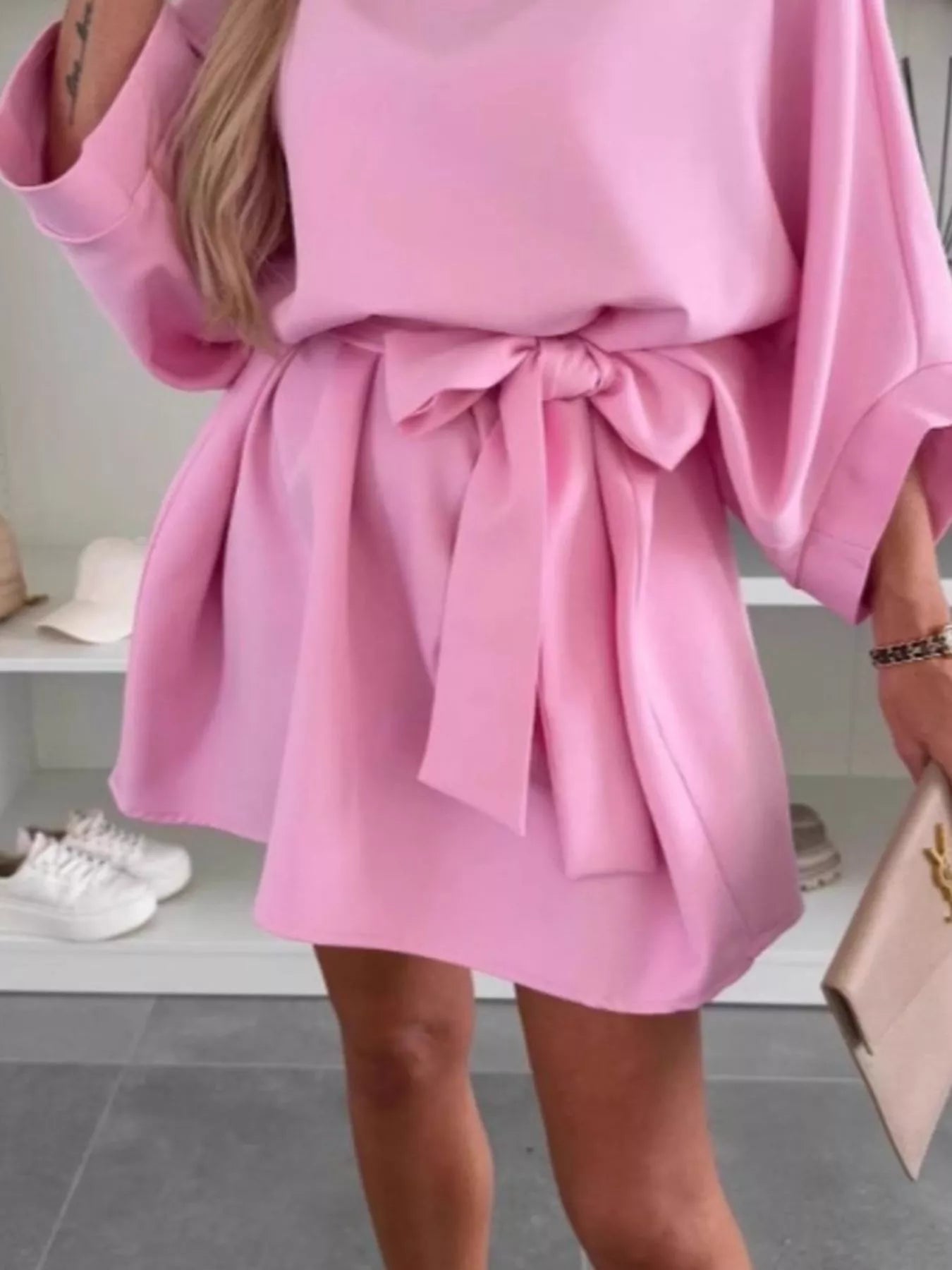 Batwing Sleeve Tie Waist Mini Dress in pink with a belted waist and loose sleeves for an elegant casual look.
