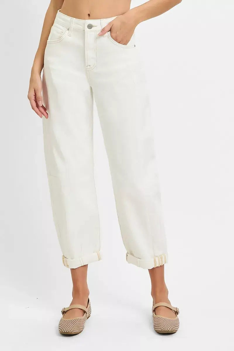 RISEN Plus Size High Rise Barrel Cropped Jeans in white with rolled cuffs, perfect for a stylish look.