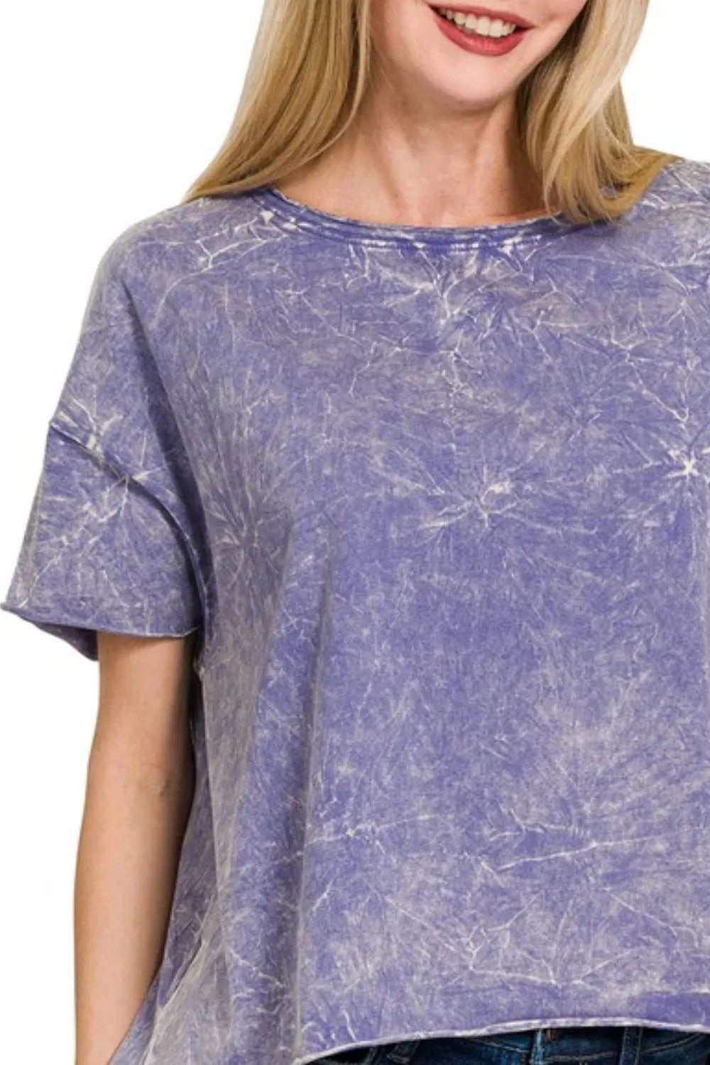 Zenana Washed Crew Neck Short Sleeve Crop Box Tee in vintage purple tie-dye with a relaxed fit and dropped shoulders.
