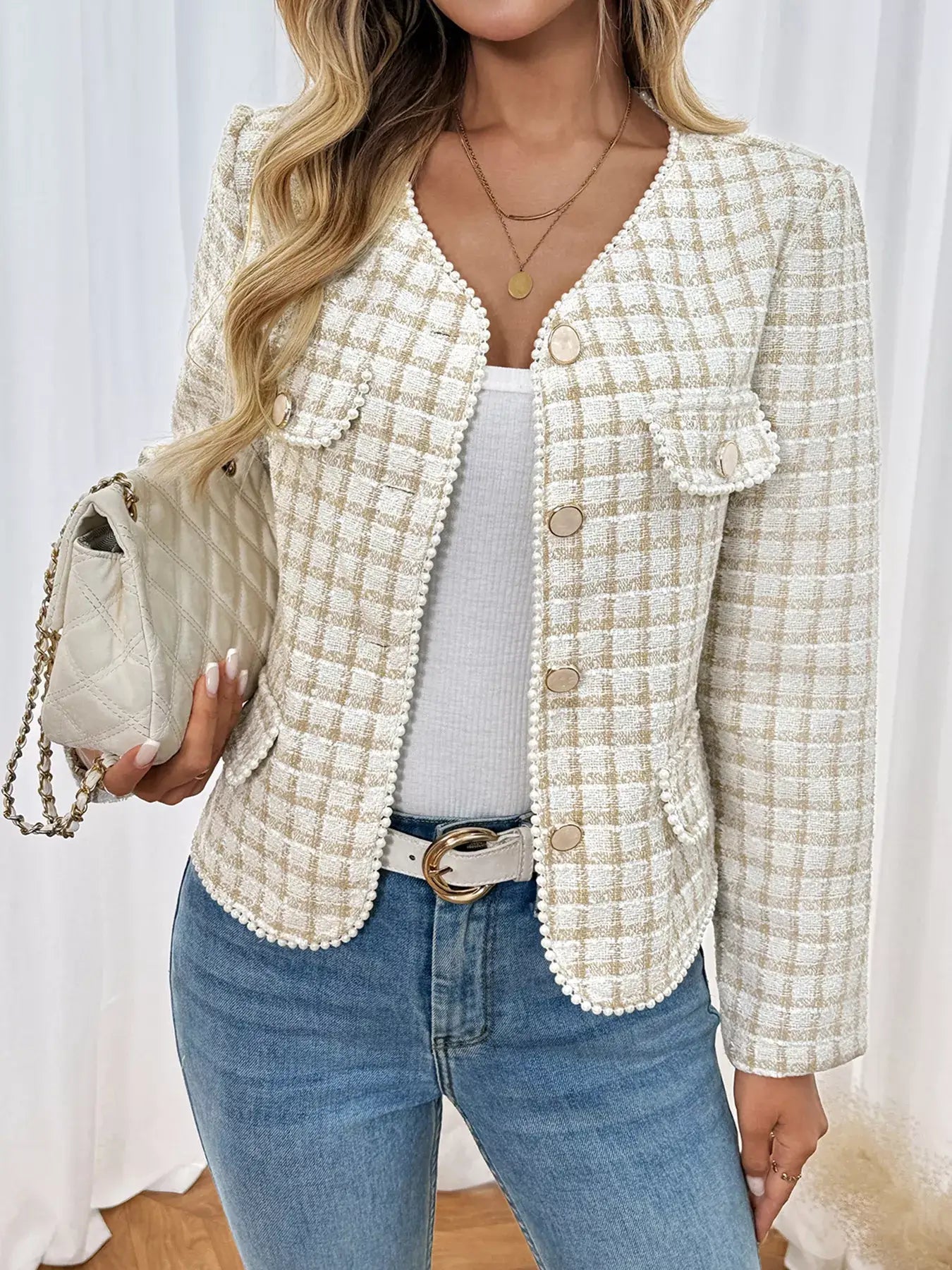 Plaid Button-Front Long Sleeve Outerwear for Women, styled with jeans and a beige handbag.
