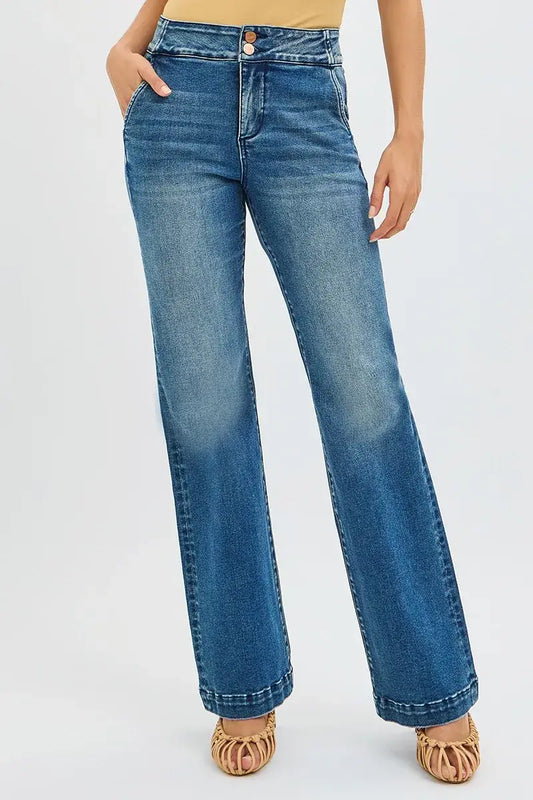 RISEN High Rise Bootcut Jeans Plus Size with double button waistband, blue denim, flattering fit.