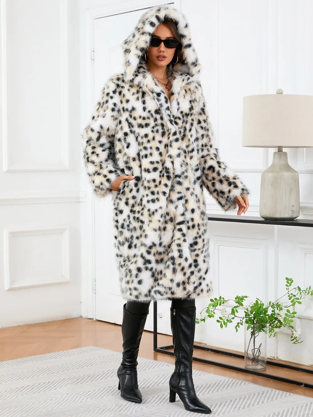 Model wearing Thermal Leopard Faux Fur Hooded Outerwear, showcasing a stylish and cozy look for cold days.