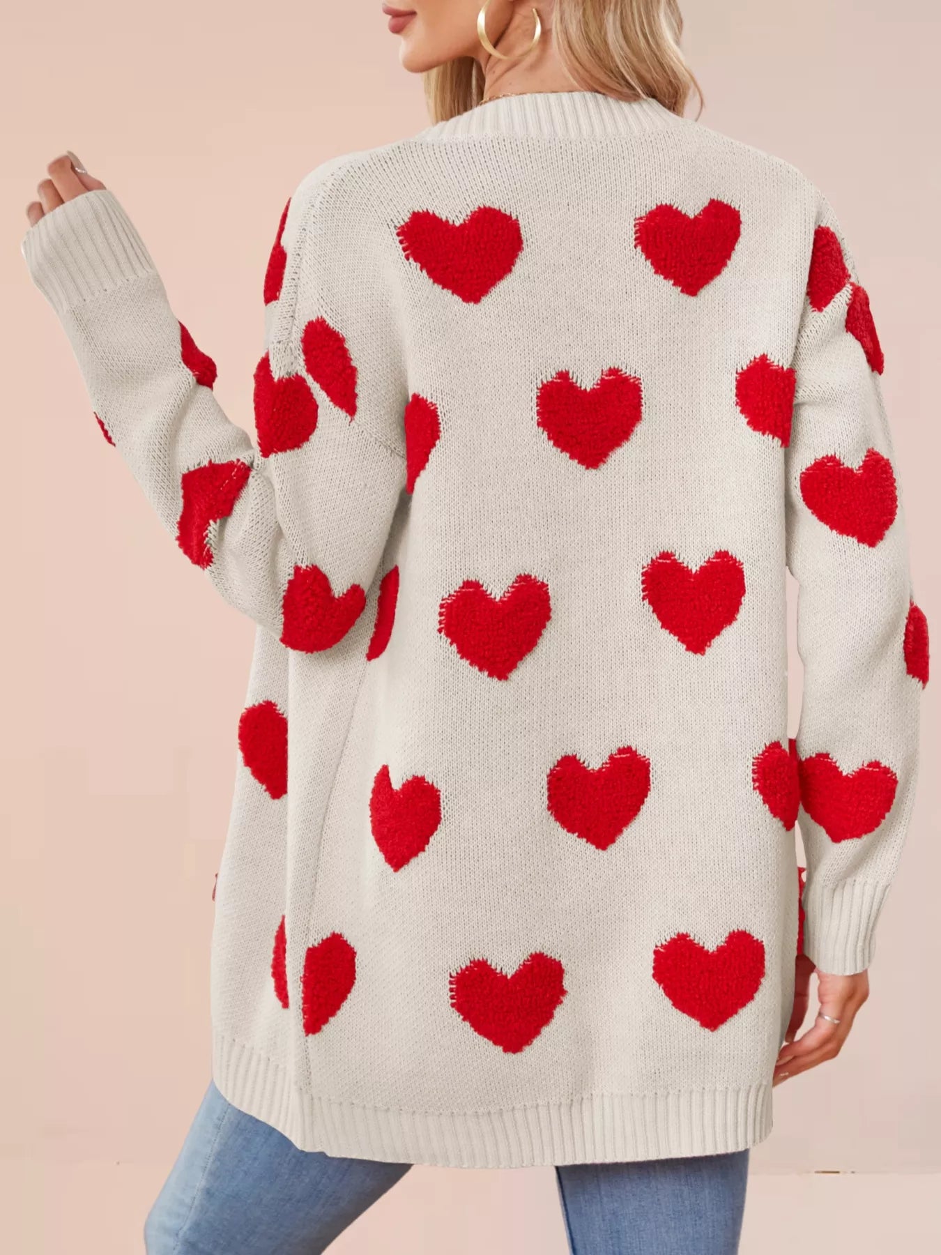 Heart Pattern Knit Button Up Cardigan for Women featuring red hearts on a white background, showcasing a cozy and stylish design.