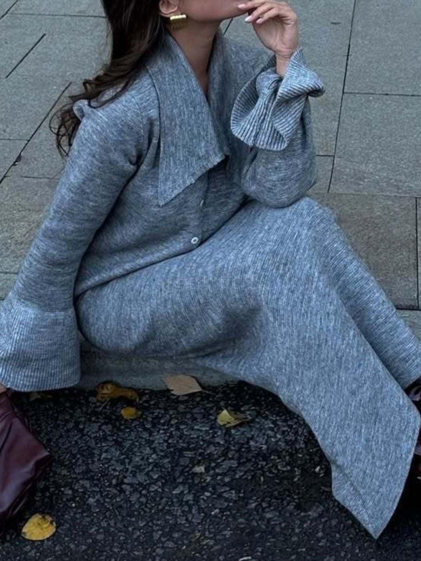 Button Down Cardigan and Skirt Knit Set – Women's Two Piece Outfit in gray with bell sleeves.