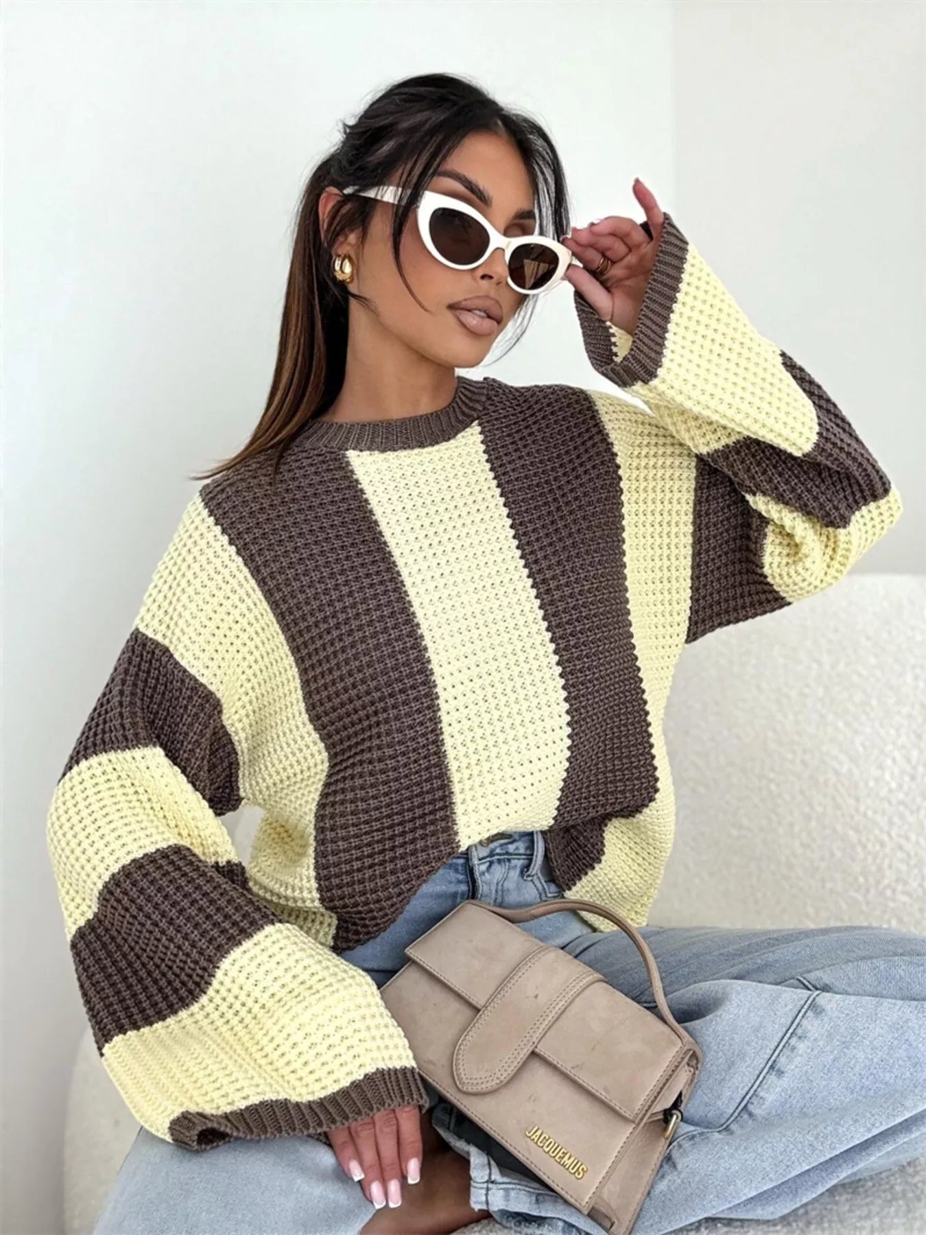 Color Block Long Sleeve Sweater in yellow and brown oversized cozy knit style, paired with sunglasses and handbag.