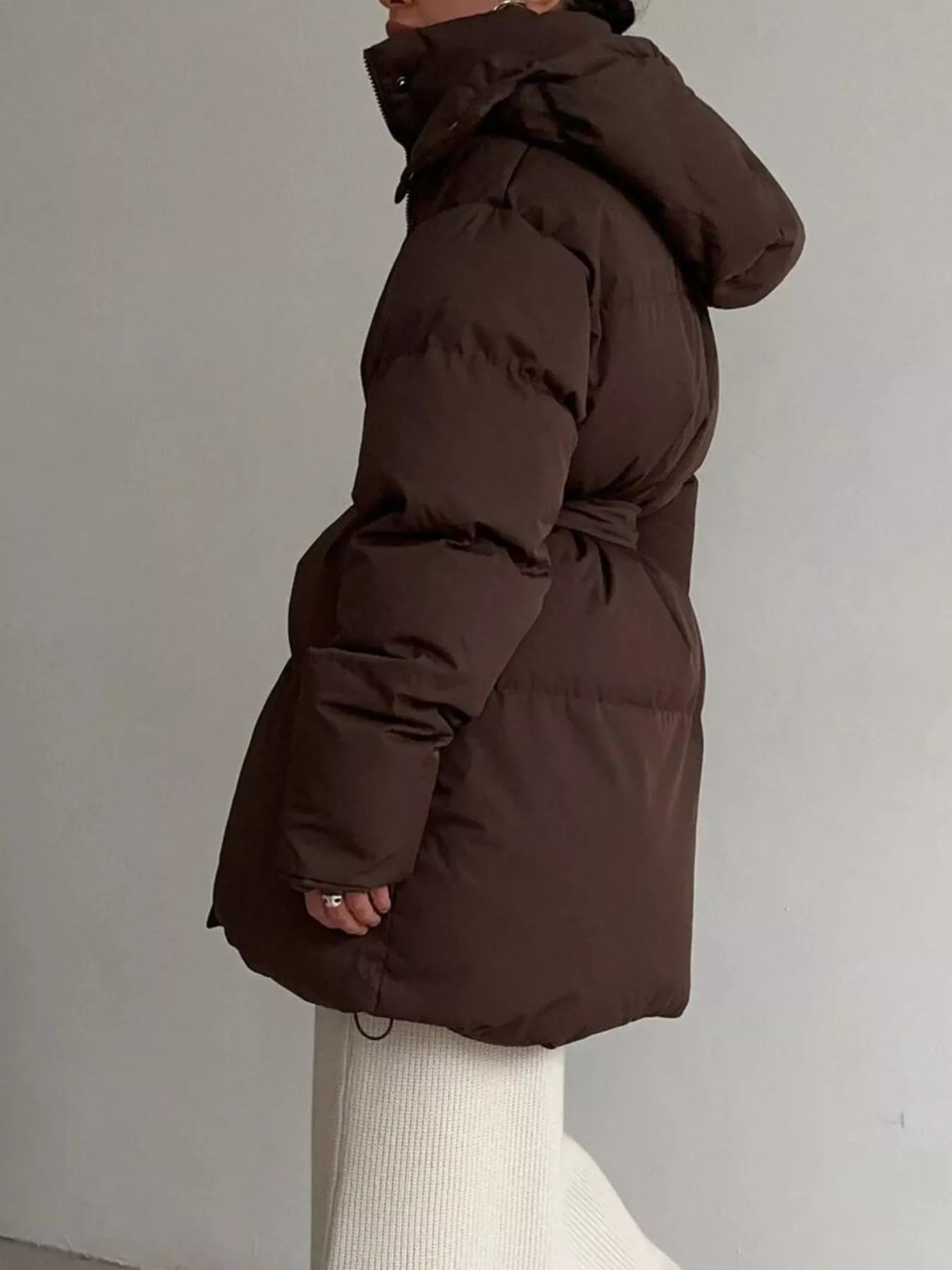 Mid Length Hooded Winter Coat Belted Warm Women Jacket in brown, featuring a thick design with pockets and a zipper.