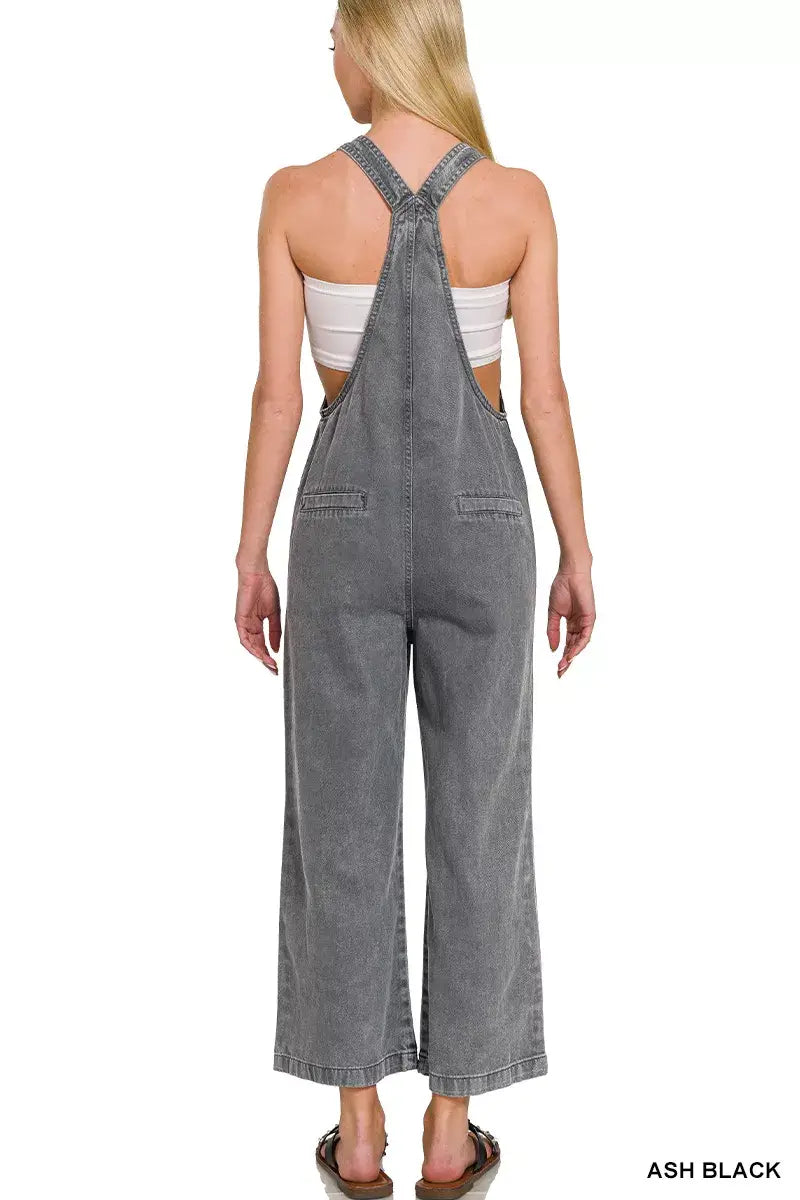 Zenana Washed Knot Strap Pockets Jumpsuit in ash black, featuring adjustable knot straps and side pockets.