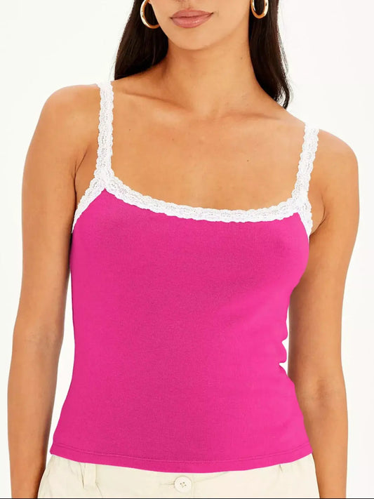 Lace Detail Contrast Trim Cami in pink with lace straps for an elegant and stylish look.