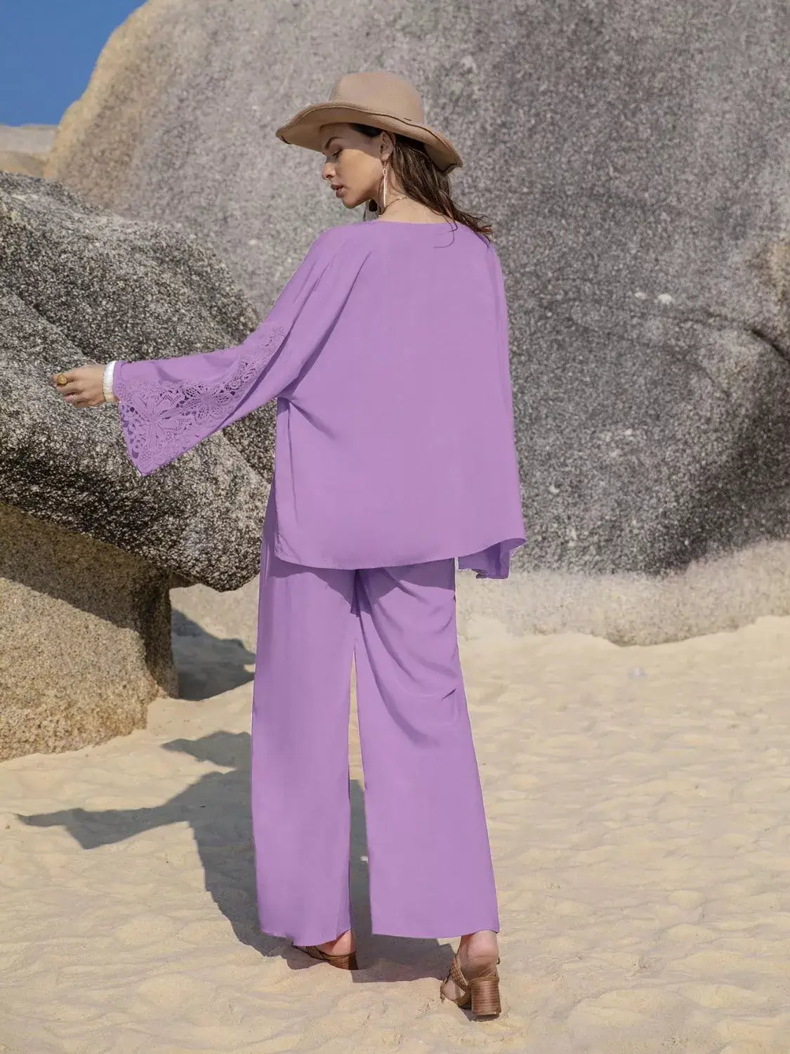 Lace Detail Open Front Cover Up and Pants Set for Women in lavender color, showcasing a stylish back view on the beach.