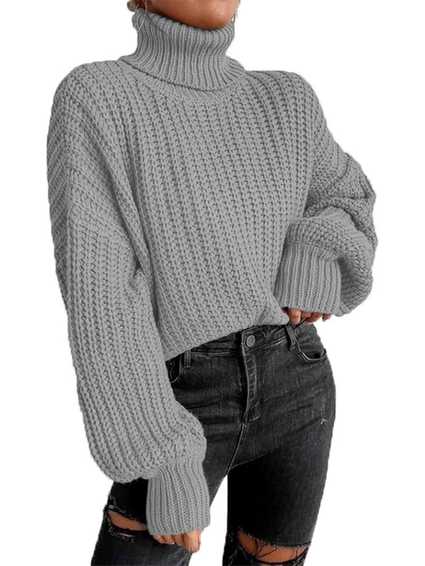 Chunky Knit Turtleneck Long Sleeve Sweater Cozy Fit in light gray with oversized sleeves and ribbed texture.