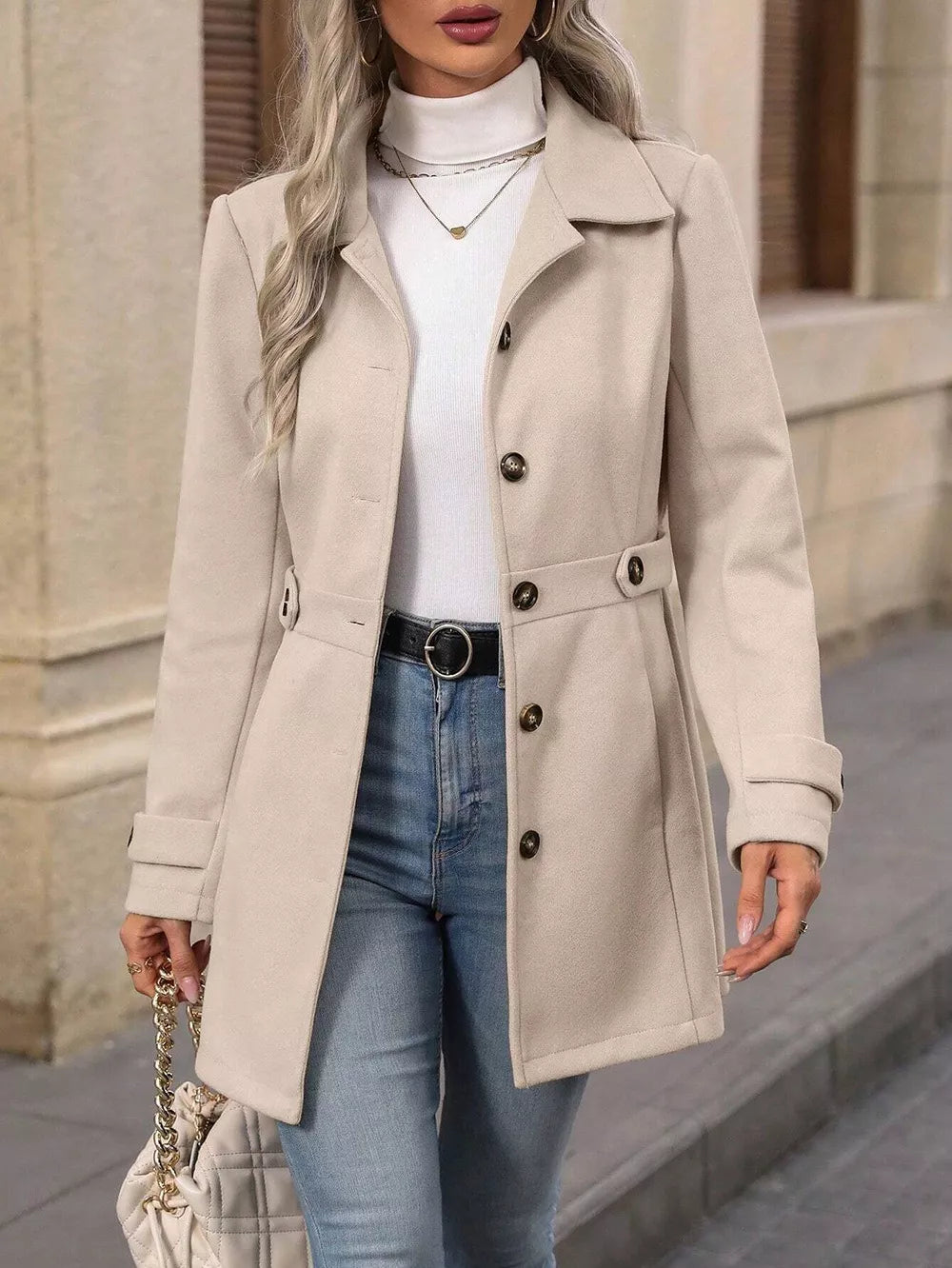 Collared Neck Button Up Coat worn over white turtleneck, paired with denim, showcasing classic everyday style.