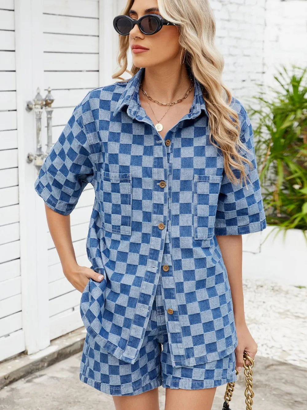 Checkered Shirt and Shorts Denim Set for Casual Two-Piece Style, featuring a blue and denim checkered pattern.