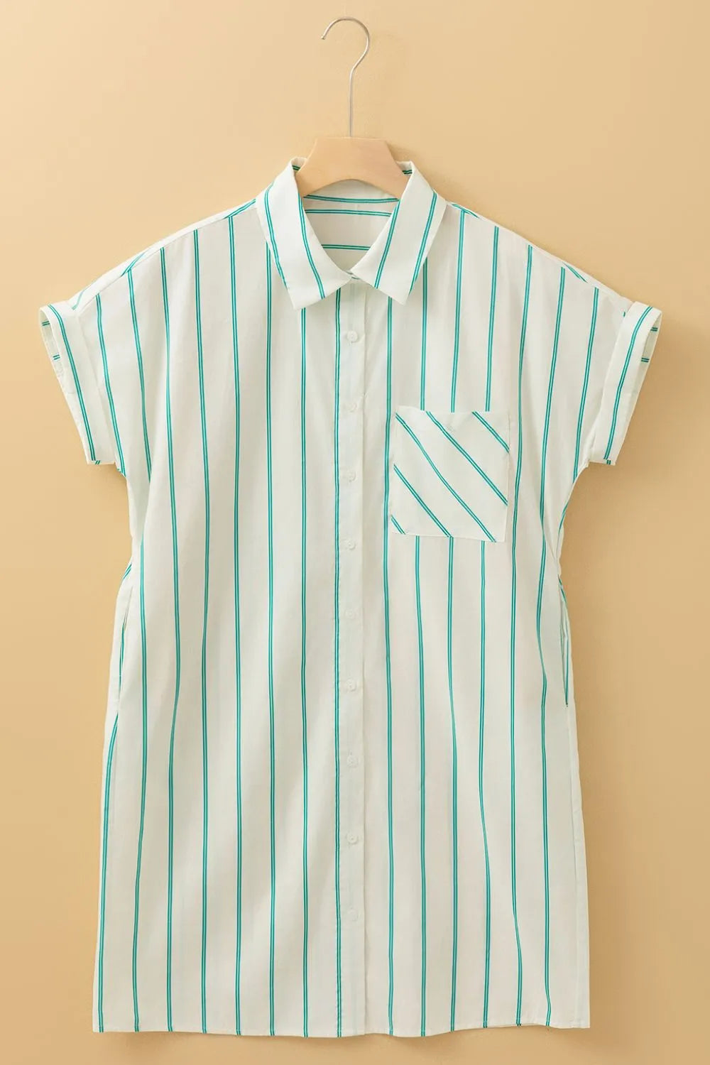 St Patricks Striped Wide Short Sleeve Shift Mini Shirt Dress displayed on a hanger with striped pattern and pocket detail.