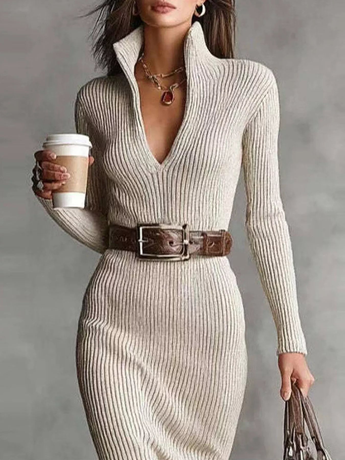 Ribbed Knit Turtleneck Midi Sweater Dress featuring a stylish collar and a fitted silhouette, perfect for elegant looks.