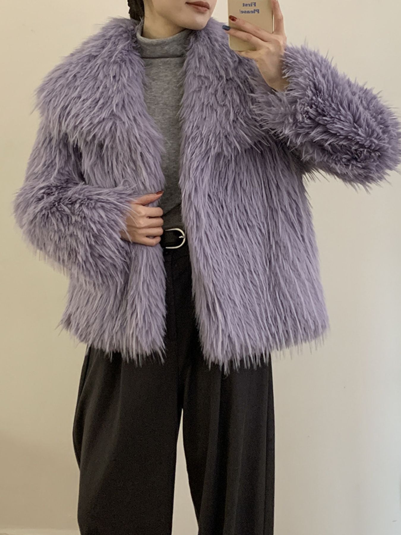 Faux Fur Open Front Outerwear in lavender color, featuring thick, cozy design, perfect for winter fashion.
