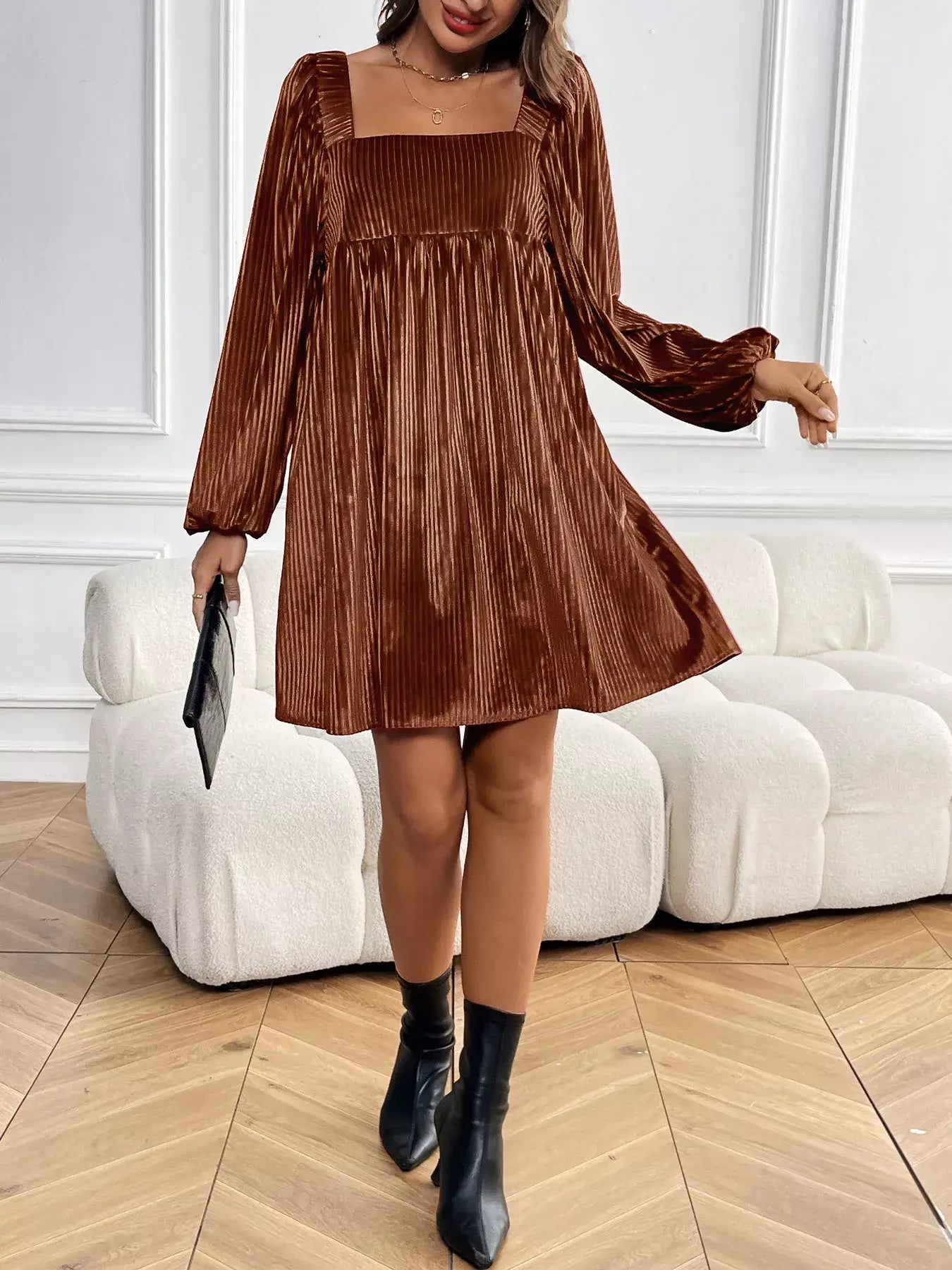 Velvet Square Neck Long Sleeve Dress in rich brown, featuring long sleeves and a flattering silhouette for evening wear.
