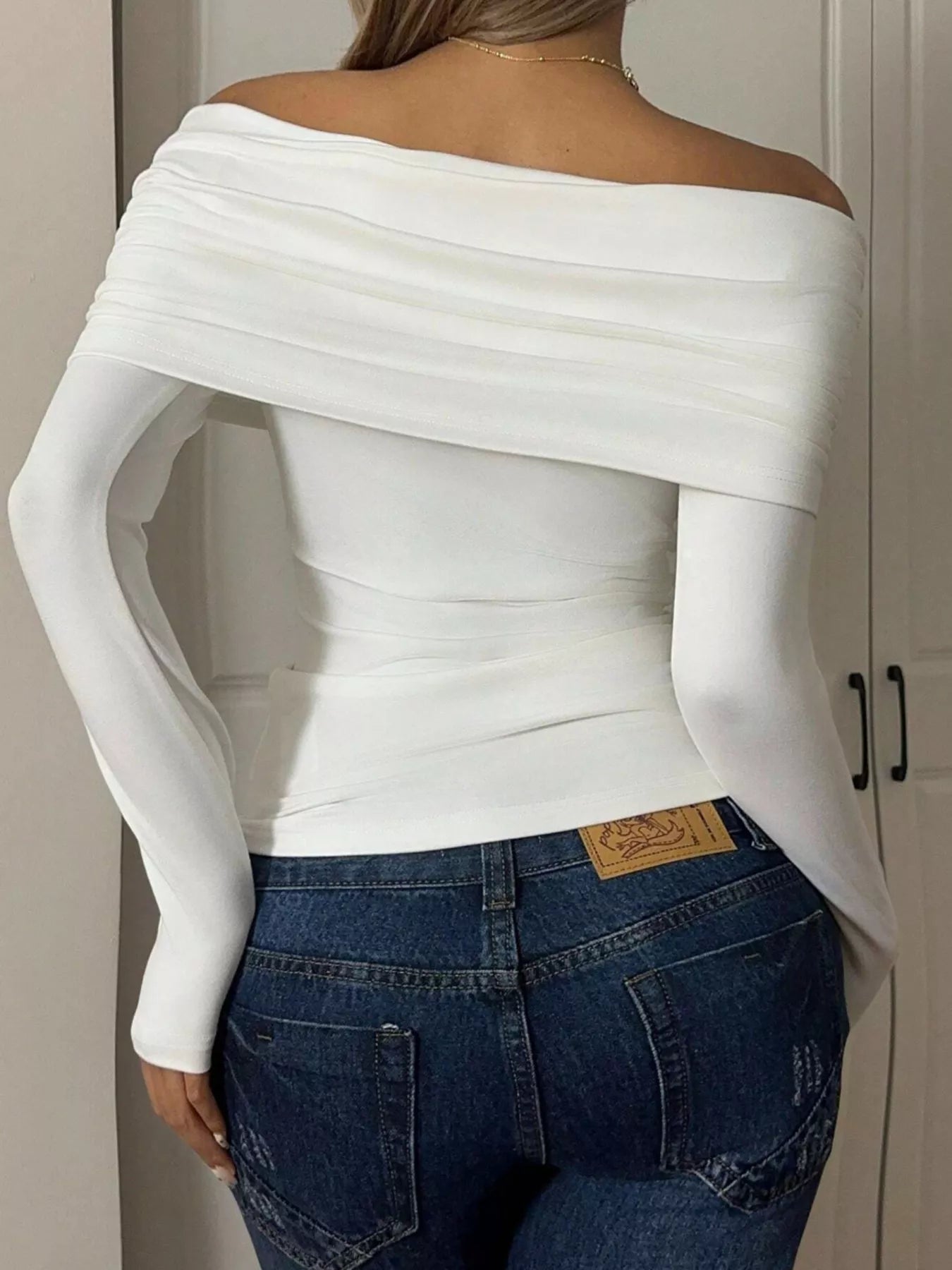 Off-Shoulder Ruched Long Sleeve T-Shirt for modern women, showcasing the elegant back view in white.